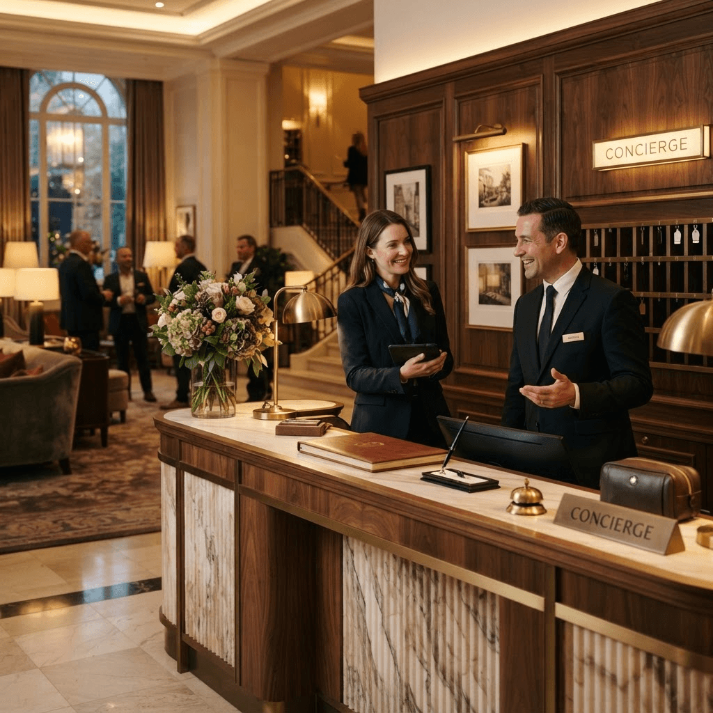 A concierge desk in a residential lobby